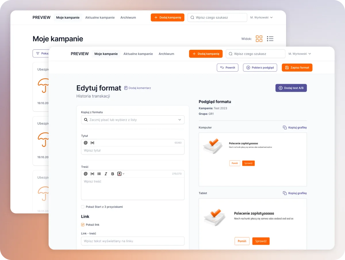 ING Preview - widoki systemu do tworzenia kampanii reklamowych